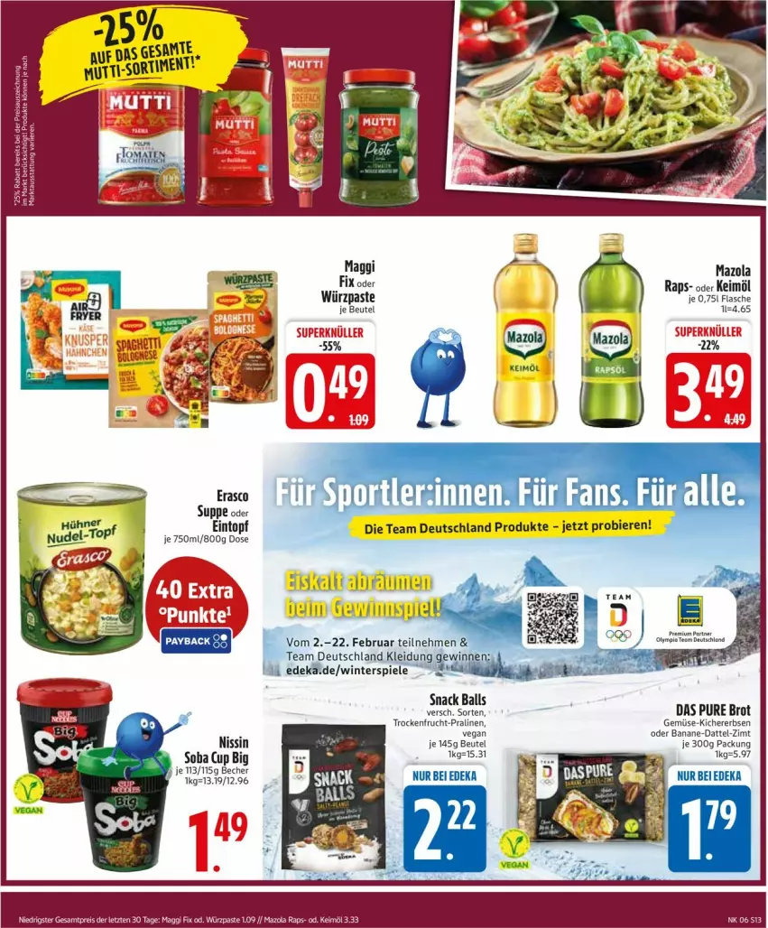 Aktueller Prospekt Edeka - Prospekte - von 02.02 bis 07.02.2026 - strona 13 - produkty: ball, banane, beutel, bier, Biere, brot, deka, eintopf, erbsen, frucht, kichererbsen, LG, mazola, Nissin, nudel, nudel-topf, pralinen, snack, Spiele, suppe, Ti, topf