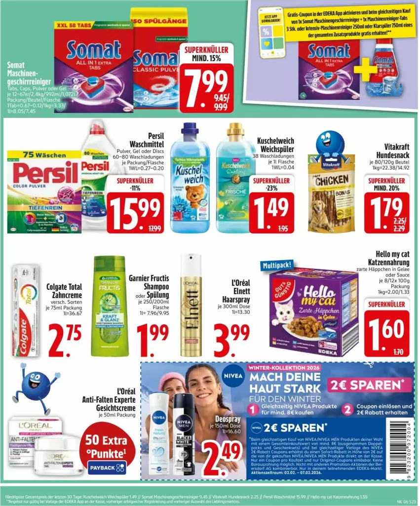Aktueller Prospekt Edeka - Prospekte - von 02.02 bis 07.02.2026 - strona 23 - produkty: beutel, colgate, colgate total, coupon, creme, deo, deospray, eis, elnett, flasche, fructis, garnier, gelee, Gesichtscreme, haarspray, hundesnack, katzennahrung, kraft, Kuschelweich, LG, persil, reis, shampoo, snack, Ti, vita, vitakraft, waschmittel, weichspüler, zahncreme