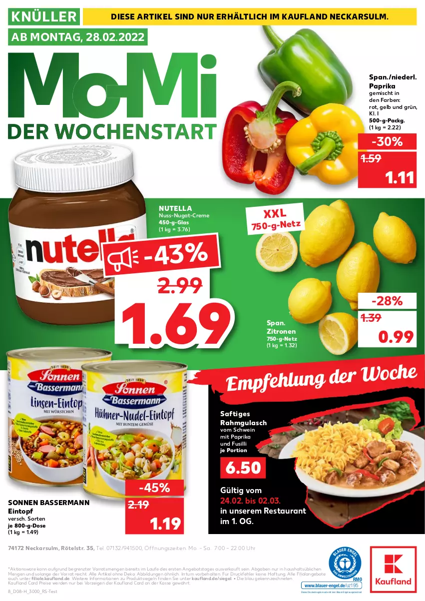 Aktueller Prospekt Kaufland - Spezielle Angebote - von 24.02 bis 02.03.2022 - strona 8 - produkty: angebot, angebote, creme, drucker, eintopf, eis, Engel, erde, fusilli, gulasch, kerze, mit paprika, nuss, nuss-nugat-creme, nutella, paprika, reis, saft, schwein, Ti, topf, uhr, wein, zitrone, zitronen, ZTE