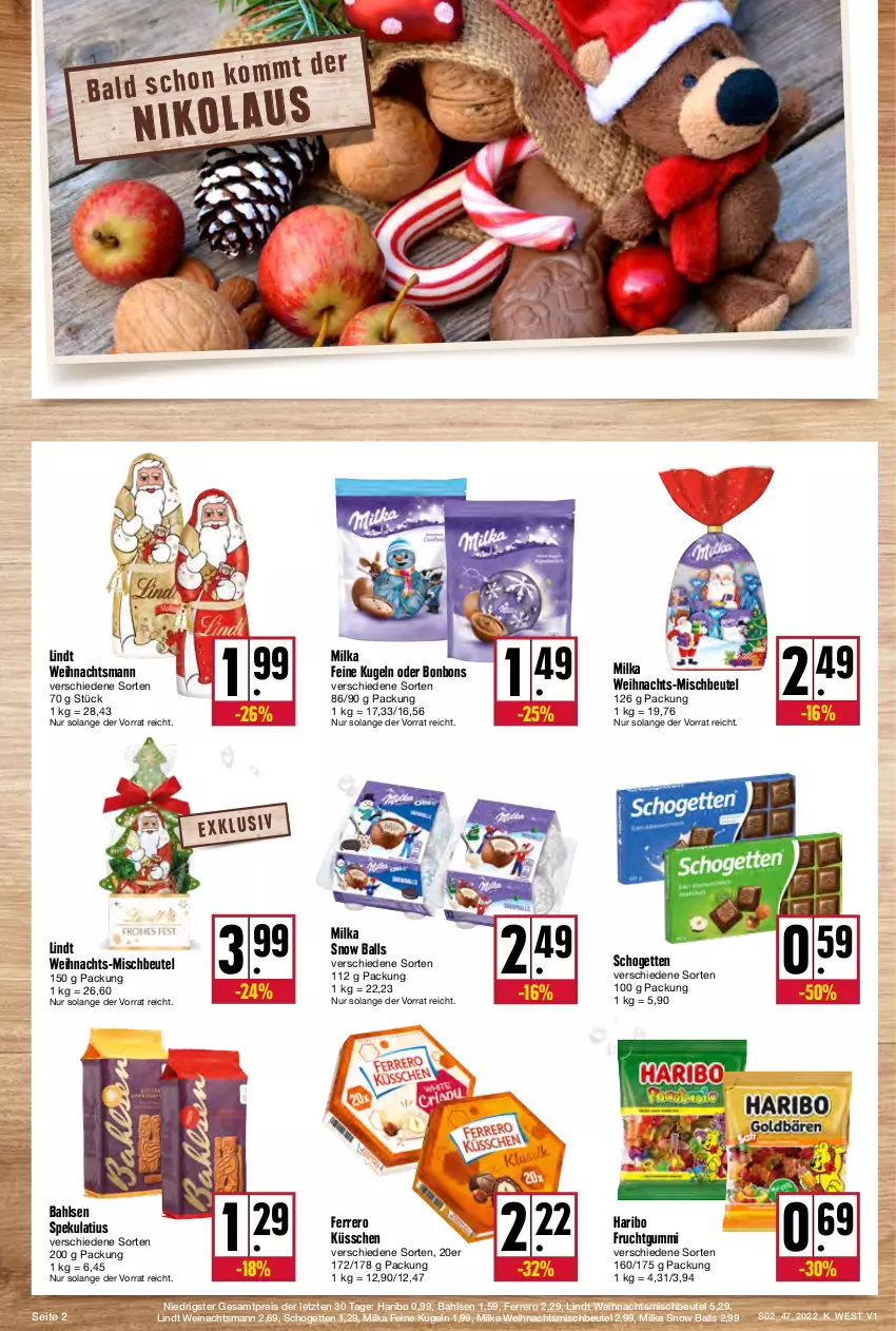 Aktueller Prospekt Kupsch - Angebote der Woche - von 21.11 bis 26.11.2022 - strona 2 - produkty: bahlsen, ball, beutel, bonbons, eis, ferrero, Ferrero Küsschen, frucht, fruchtgummi, haribo, Kugel, lindt, milka, reis, schogetten, Ti, wein, ZTE