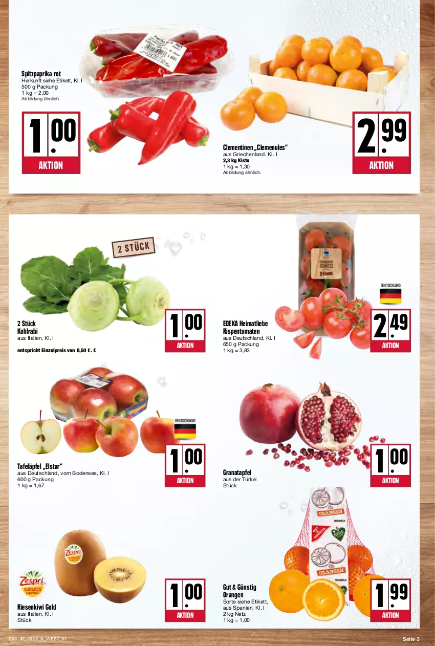 Aktueller Prospekt Kupsch - Angebote der Woche - von 21.11 bis 26.11.2022 - strona 3 - produkty: apfel, clementinen, deka, eis, grana, granatapfel, kiwi, Kiwi Gold, kohlrabi, orange, orangen, paprika, paprika rot, Rana, reis, rispentomaten, Spitzpaprika, tafeläpfel, Ti, tomate, tomaten