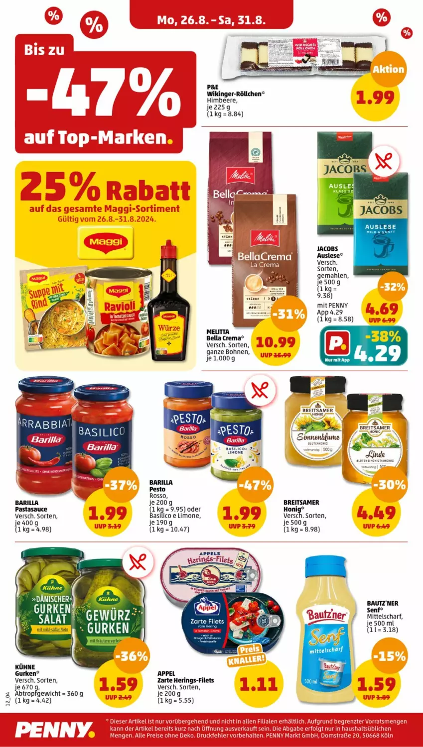 Aktueller Prospekt Penny - Prospekte - von 26.08 bis 31.08.2024 - strona 12 - produkty: barilla, basilico, Bau, bautz'ner, beere, bella crema, bohne, bohnen, Brei, filet, filets, gurke, gurken, hering, Herings, himbeer, himbeere, honig, jacobs, Kühne, limo, melitta, pasta, ring, sauce, senf