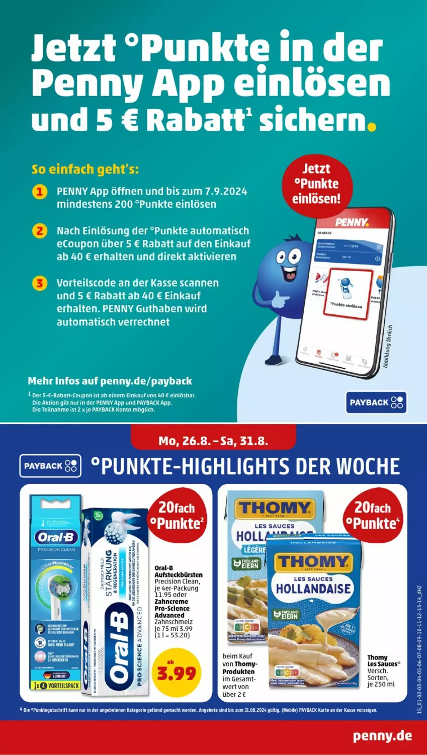 Aktueller Prospekt Penny - Prospekte - von 26.08 bis 31.08.2024 - strona 15 - produkty: angebot, angebote, auer, auto, Cien, coupon, creme, eis, erde, mac, payback, precision clean, rabatt-coupon, sauce, tee, tefal, thomy, Ti, Tiere, tisch, WICK, zahncreme, ZTE