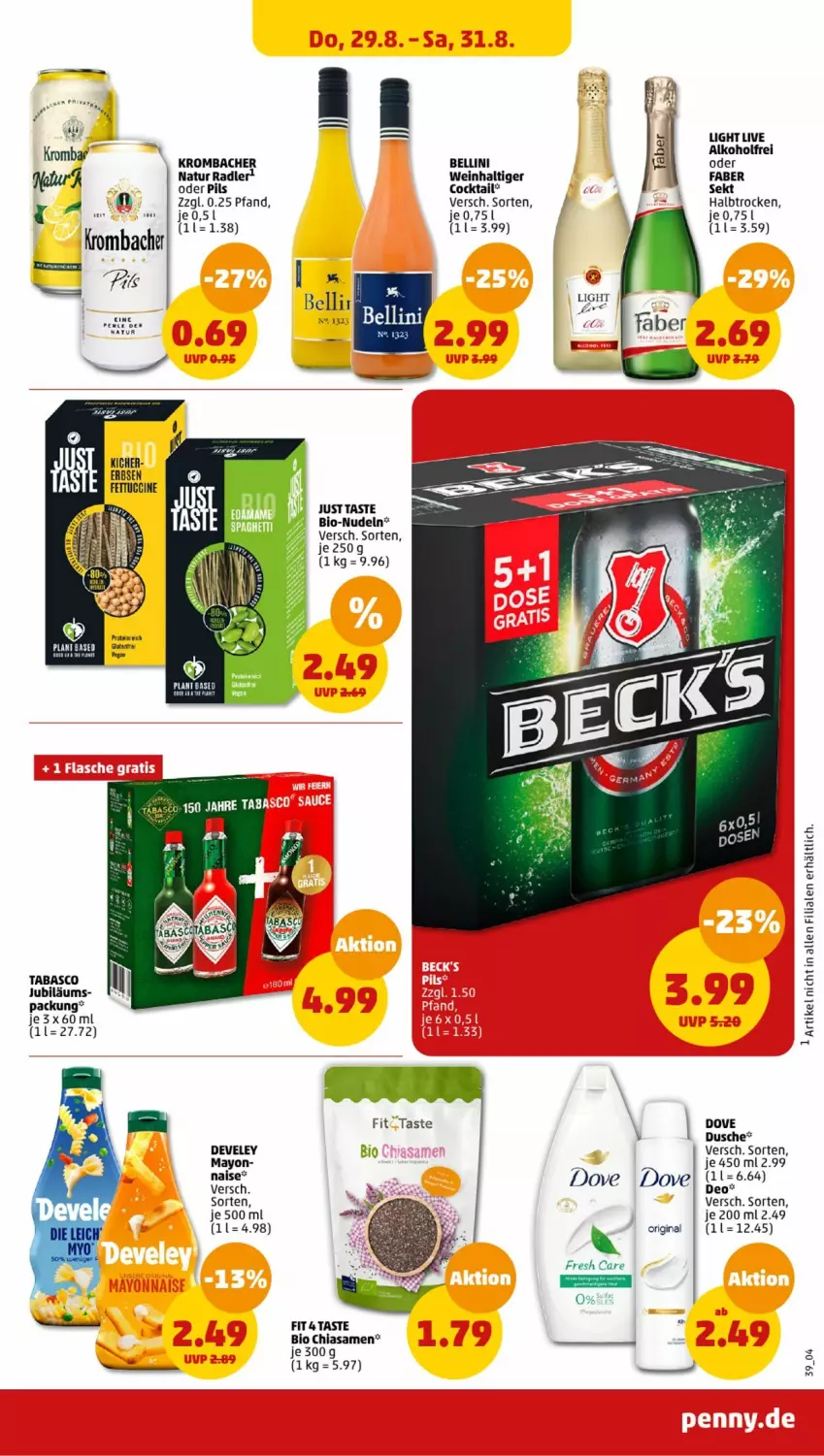 Aktueller Prospekt Penny - Prospekte - von 26.08 bis 31.08.2024 - strona 39 - produkty: alkohol, bio, chia, cin, cocktail, deo, develey, dove, dusche, erbsen, gin, Jubiläums, krombache, krombacher, natur, natur radler, nudel, nudeln, pils, radler, sekt, tabasco, Ti, wein, Yo