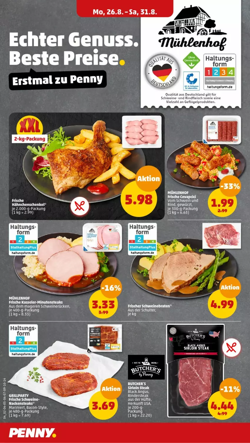 Aktueller Prospekt Penny - Prospekte - von 26.08 bis 31.08.2024 - strona 4 - produkty: bacon, braten, eis, fleisch, Geflügel, hähnchenschenkel, henkel, kasseler, lack, minutensteaks, Nackensteak, nackensteaks, rind, rinder, Rindersteak, rindfleisch, schenkel, schwein, schweine, schweinebraten, schweinerücken, steak, steaks, wein, weine