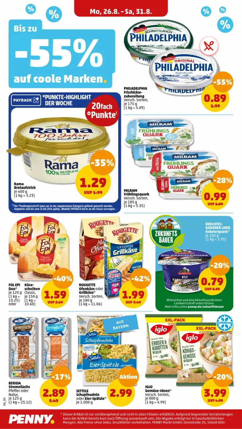 Aktueller Prospekt Penny - Prospekte - von 26.08 bis 31.08.2024 - strona 6 - produkty: angebot, angebote, auer, aufstrich, Bau, Bauer, brot, brotaufstrich, eier, grill, Grillkäse, iglo, Käse, lachs, mac, natur, nudel, nudeln, Ofen, Ofenkäse, payback, pfeffer, philadelphia, quark, rama, settele, tee, Ti