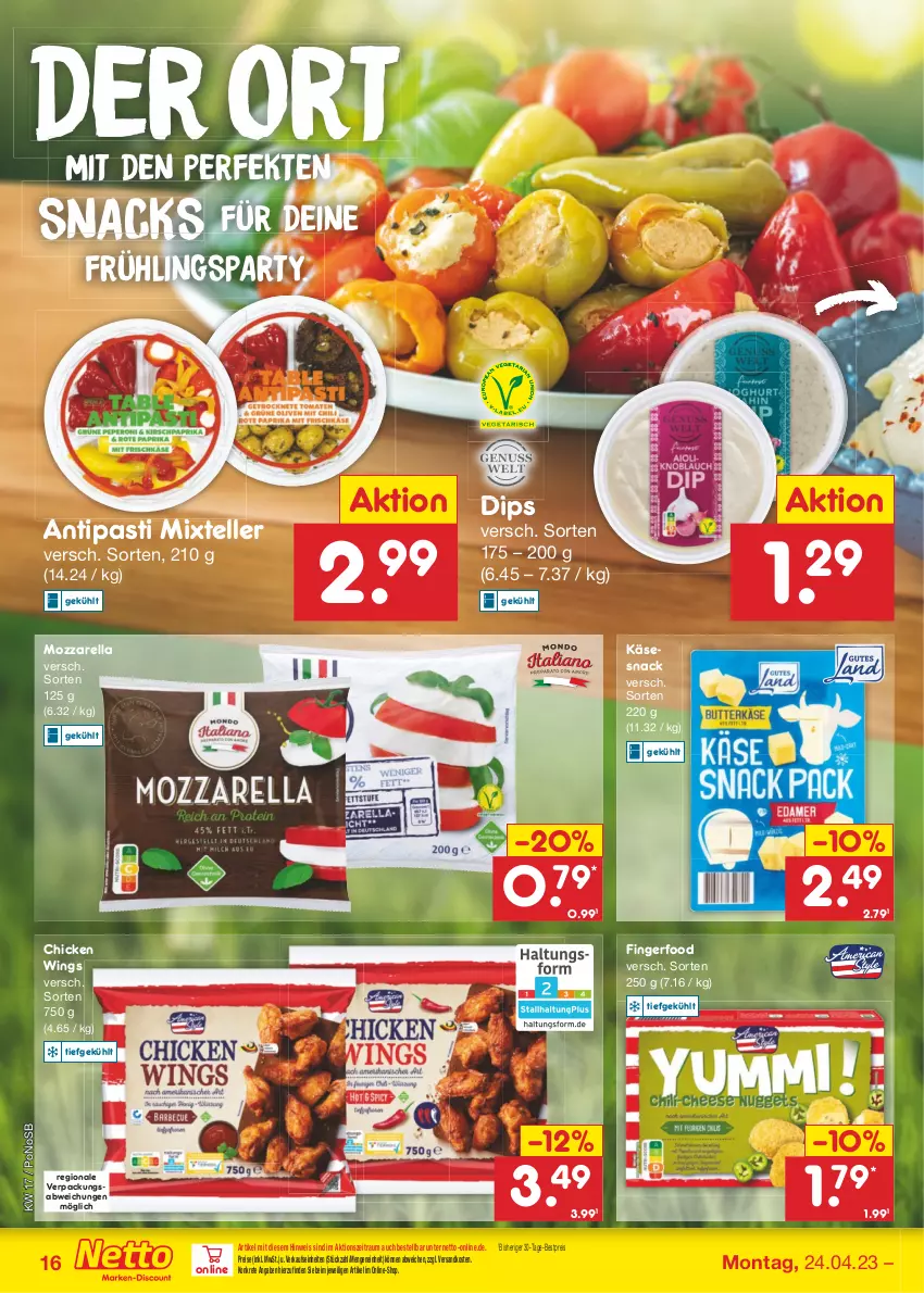 Aktueller Prospekt Netto Marken-Discount - Filial-Angebote - von 24.04 bis 29.04.2023 - strona 16 - produkty: antipasti, asti, bestpreis, chicken wings, dip, eis, elle, Käse, mozzarella, ndk, reis, rel, snack, snacks, teller, Ti