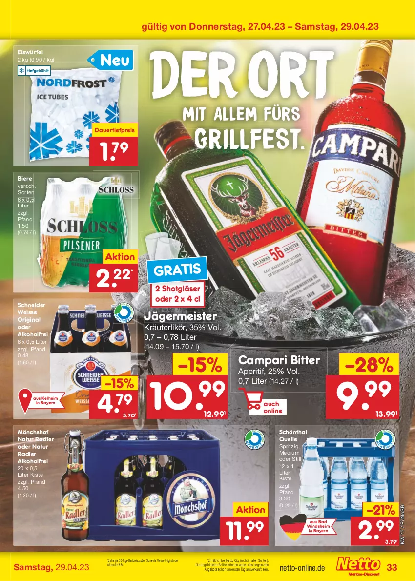 Aktueller Prospekt Netto Marken-Discount - Filial-Angebote - von 24.04 bis 29.04.2023 - strona 33 - produkty: alkohol, angebot, aperitif, auer, Bad, bestpreis, bier, Biere, campari, dauertiefpreis, eis, eiswürfel, elle, Germ, gin, Gläser, grill, jägermeister, kräuter, kräuterlikör, likör, Meister, mönchshof, natur, natur radler, radler, reis, Ti, tiefpreis, würfel, ZTE