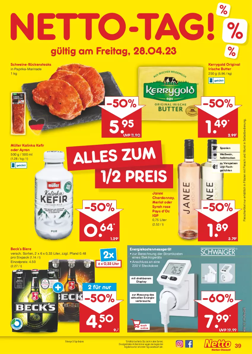 Aktueller Prospekt Netto Marken-Discount - Filial-Angebote - von 24.04 bis 29.04.2023 - strona 39 - produkty: angebot, Ayran, bestpreis, bier, Biere, butter, chardonnay, eis, Elektro, elle, fisch, fleisch, gin, irische butter, Kefir, kerrygold, marinade, merl, merlot, Müller, paprika, Rauch, reis, Rückensteak, rückensteaks, schwein, schweine, steak, steaks, steckdose, Ti, vorspeise, wein, weine, Weißwein, wurst, wurst in selbstbedienung, ZTE