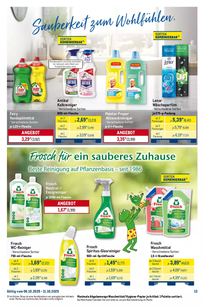 Aktueller Prospekt Metro - Starke Marken - von 06.10 bis 11.10.2025 - strona 13 - produkty: allzweckreiniger, Amaretto, amaro, angebot, beutel, chia, eis, essig, fairy, flasche, Frosch, getränk, getränke, Glasreiniger, Kalkreiniger, lenor, Meister, meister proper, monte, Palette, papier, reiniger, reis, saro, spiritus, sprühflasche, spülmittel, Ti, Vecchia Romagna, vodka, wäscheparfüm, waschmittel, wc-reiniger, weck