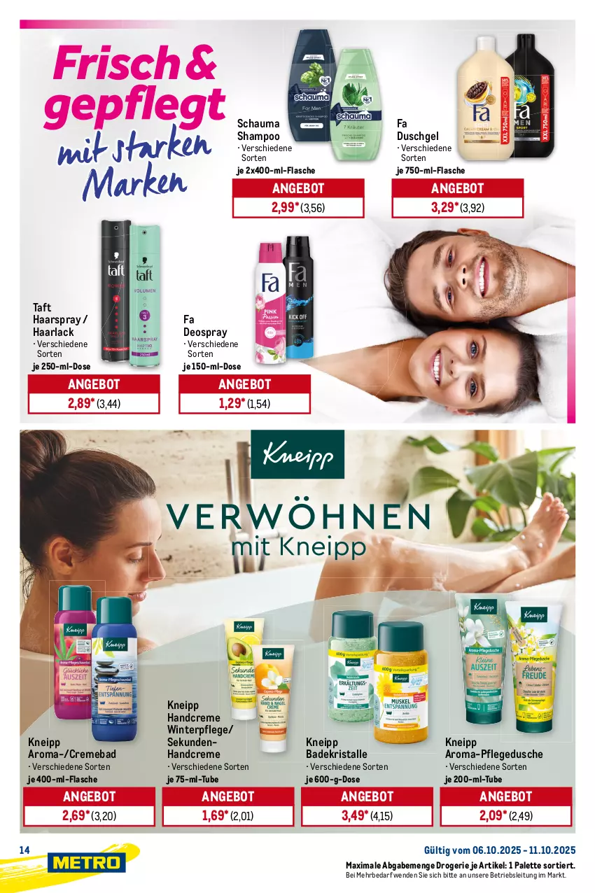 Aktueller Prospekt Metro - Starke Marken - von 06.10 bis 11.10.2025 - strona 14 - produkty: angebot, arla, Bad, Badekristalle, Brei, creme, deo, deospray, dusche, duschgel, Einmalhandtücher, eis, fa duschgel, flasche, flüssigseife, Haarlack, haarspray, handcreme, handtuch, handtücher, kneipp, lack, Palette, pflegedusche, schauma, schauma shampoo, Seife, shampoo, Taft, Ti, tuc, tücher