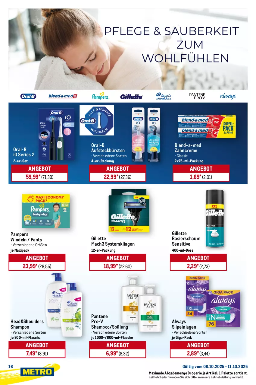 Aktueller Prospekt Metro - Starke Marken - von 06.10 bis 11.10.2025 - strona 16 - produkty: Alwa, Always, angebot, aufsteckbürsten, backofen, Becher, blend-a-med, bürste, bürsten, creme, Desinfektion, Fettlöser, flasche, gillette, grill, Grillreiniger, mac, mach3, Ofen, oral-b, Palette, pampers, pantene, pantene pro-v, Pants, pro-v, Rasierschaum, reiniger, shampoo, slip, slipeinlagen, sprühflasche, spülung, Systemklingen, Ti, windeln, zahncreme