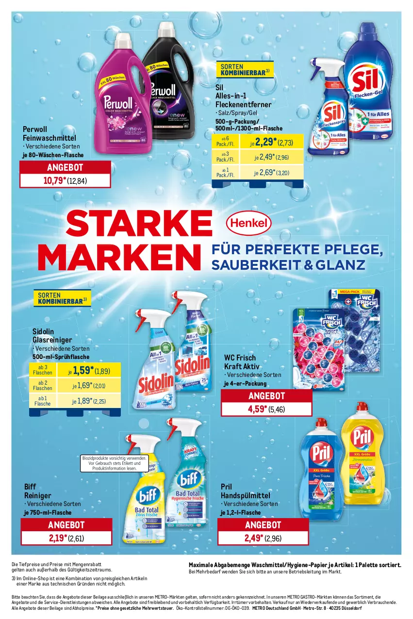 Aktueller Prospekt Metro - Starke Marken - von 06.10 bis 11.10.2025 - strona 18 - produkty: abholpreise, angebot, angebote, biff, eis, feinwaschmittel, flasche, Fleckenentferner, Glasreiniger, ilag, kraft, Metro, metro gastro, Palette, papier, perwoll, pril, Rauch, reiniger, reis, rwe, salz, sidolin, sprühflasche, spülmittel, Ti, tiefpreis, waschmittel, wc frisch, WC Frisch Kraft Aktiv
