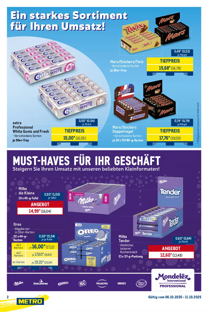 Aktueller Prospekt Metro - Starke Marken - von 06.10 bis 11.10.2025 - strona 2 - produkty: actimel, angebot, Becher, beere, beutel, brombeere, eis, galbani, gorgonzola, heidelbeere, kuchen, leine, maracuja, mars, mascarpone, milka, mozzarella, oreo, pfirsich, reis, rel, riegel, snack, snickers, tender, Ti, tiefpreis, twix