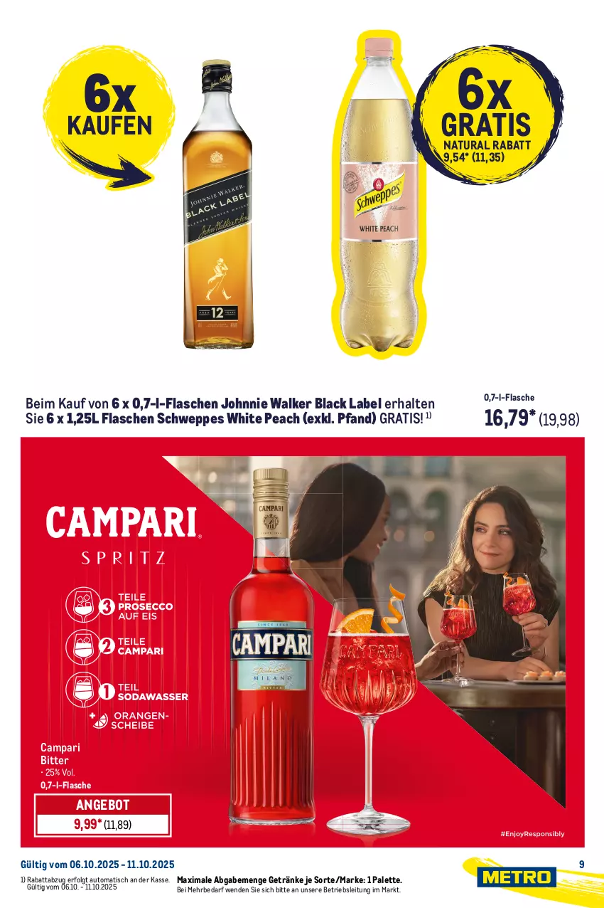 Aktueller Prospekt Metro - Starke Marken - von 06.10 bis 11.10.2025 - strona 9 - produkty: angebot, auto, black label, campari, eis, flasche, frucht, fruchtsaft, getränk, getränke, Happy Day, johnnie walker, lack, LG, natur, natura, orange, orangen, orangensaft, Palette, reis, saft, schweppes, Ti, tisch, veltins