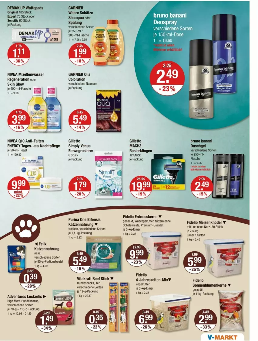 Aktueller Prospekt Vmarkt - Prospekte - von 21.08 bis 27.08.2025 - strona 11 - produkty: adventuros, bruno banani, cin, duschgel, eimer, einwegrasierer, eis, elle, erdnuss, felix, flasche, garnier, gillette, gin, hundesnack, hundesnacks, katzennahrung, Knödel, mac, mach3, Meisenknödel, mizellen, nachtpflege, nivea, Nuance, nuss, purina, rasierer, Rasierklinge, rasierklingen, Schal, Schale, shampoo, sim, snack, snacks, spülung, Ti, venus, vita, Vogelfutter, Wahre Schätze, wasser, wattepads, Wild