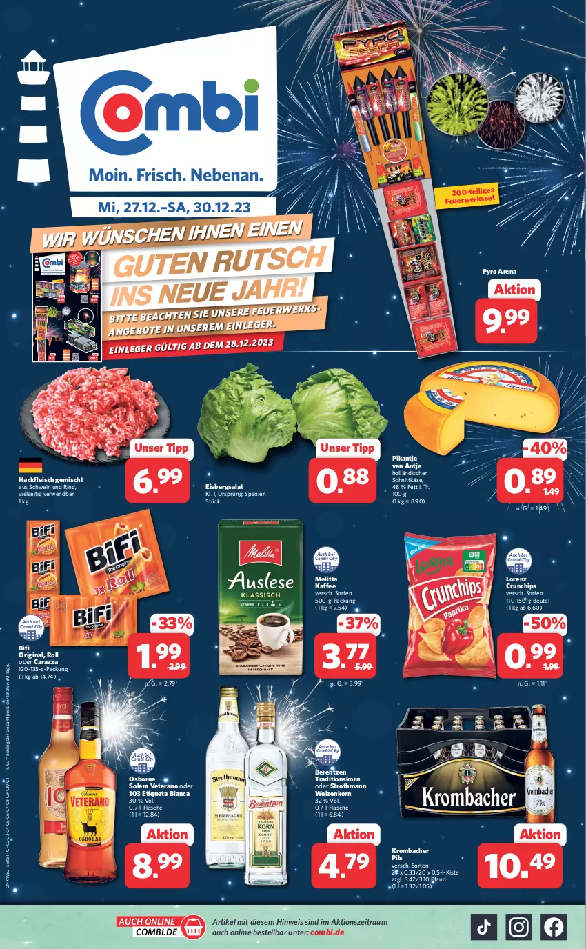 Aktueller Prospekt Combi - Prospekte - von 27.12 bis 30.12.2023 - strona 1 - produkty: auer, Bad, berentzen, beutel, bifi, chips, crunchips, eis, eisbergsalat, elle, Etiqueta Blanca, Feuerwerksartikel, flasche, fleisch, gin, hackfleisch, hackfleisch gemischt, holländischer schnittkäse, kaffee, Käse, korn, krombache, krombacher, krombacher pils, lorenz, lorenz crunchips, melitta, osborne, pils, reis, rind, rwe, salat, schnittkäse, schwein, schwein und rind, teller, Ti, veterano, wein, weizenkorn, Yo, ZTE