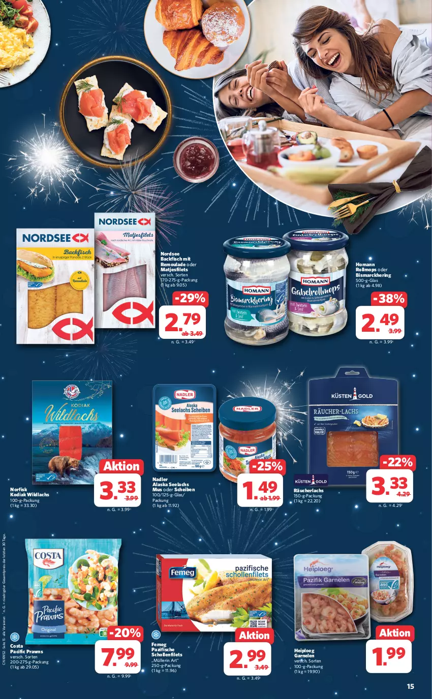 Aktueller Prospekt Combi - Prospekte - von 27.12 bis 30.12.2023 - strona 15 - produkty: backfisch, bismarck, Cif, eis, femeg, filet, filets, fisch, fische, garnelen, hering, homann, lachs, matjes, Matjesfilet, matjesfilets, Müller, müllerin art, nadler, Nordsee, prawns, Räucherlachs, reis, remoulade, ring, scholl, Schollenfilets, Ti, Wild, wildlachs, ZTE