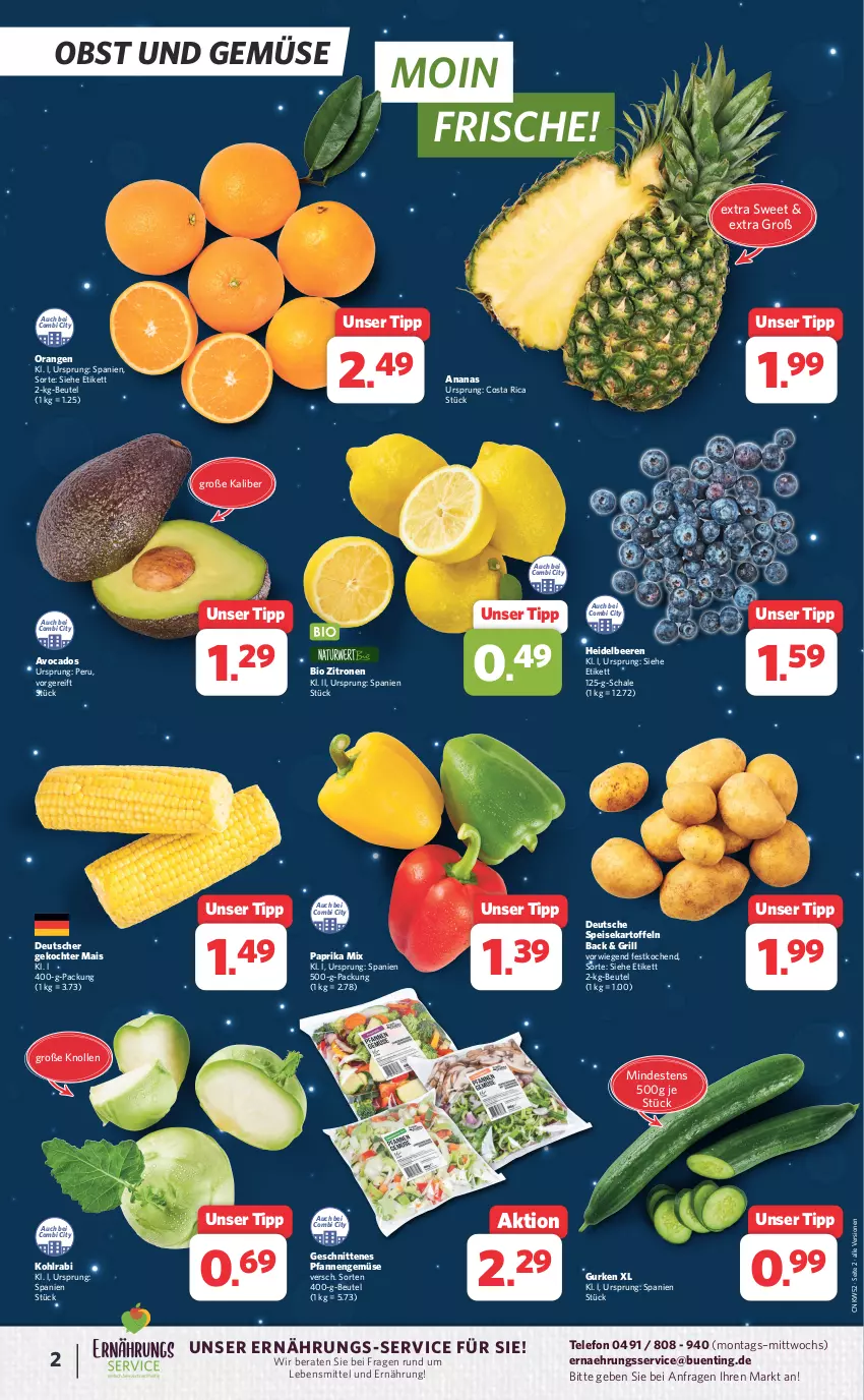 Aktueller Prospekt Combi - Prospekte - von 27.12 bis 30.12.2023 - strona 2 - produkty: ananas, avocado, avocados, beere, beeren, beutel, bio, eis, grill, gurke, gurken, heidelbeere, heidelbeeren, kartoffel, kartoffeln, kohlrabi, lebensmittel, mais, obst, Obst und Gemüse, orange, orangen, paprika, paprika mix, pfanne, pfannen, Schal, Schale, schnitten, speisekartoffeln, telefon, Ti, und gemüse, zitrone, zitronen