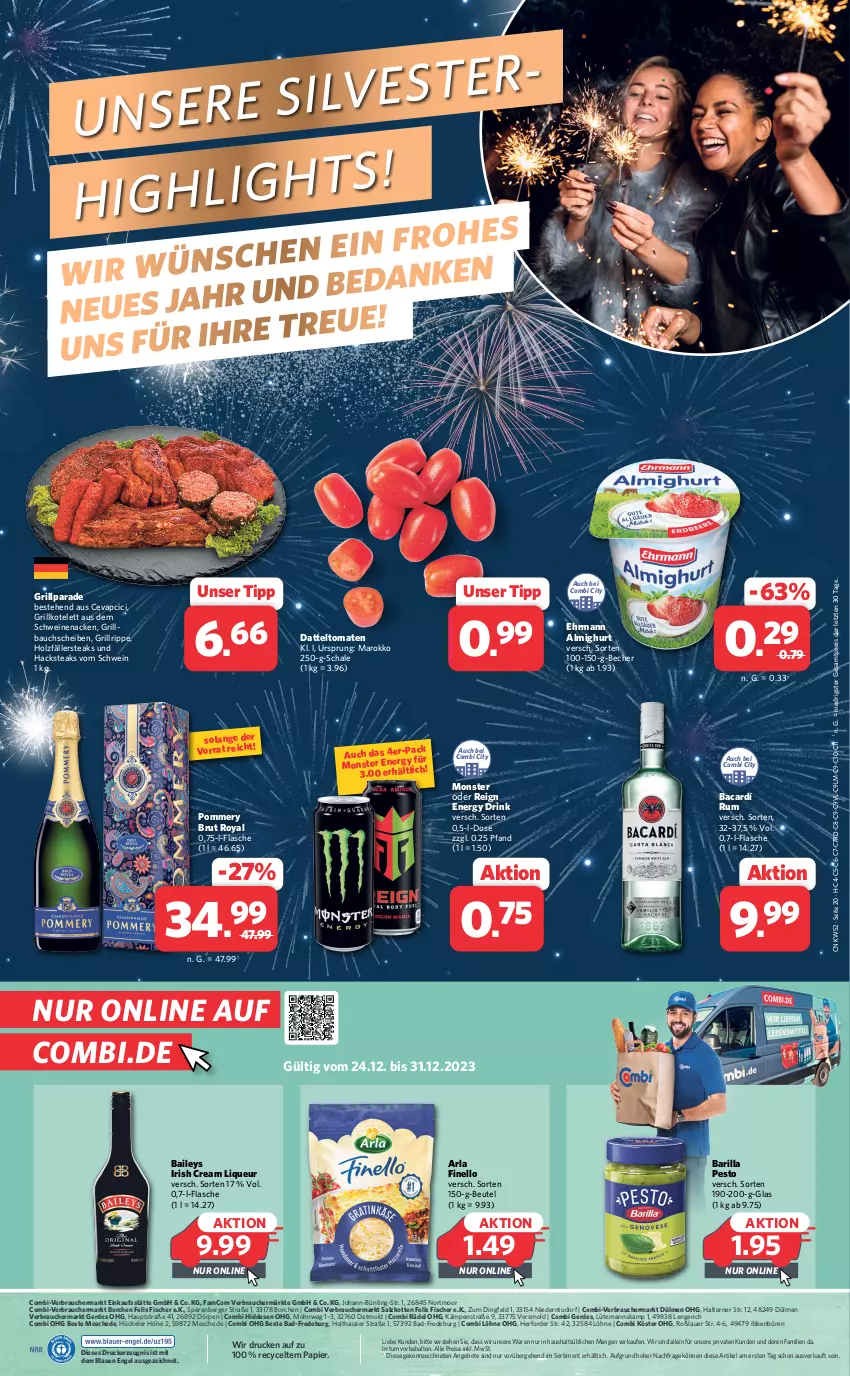 Aktueller Prospekt Combi - Prospekte - von 27.12 bis 30.12.2023 - strona 20 - produkty: almighur, almighurt, angebot, angebote, arla, auer, Bad, baileys, barilla, Bau, bauchscheiben, Becher, Berger, beutel, brut, cevapcici, datteltomaten, drink, drucker, ehrmann, ehrmann almighurt, eis, energy drink, Engel, erde, felix, finello, fisch, fische, Fischer, flasche, grill, Grillbauch, grillkotelett, grillrippe, Holz, holzfällersteaks, irish cream, kerze, kotelett, liqueur, monster, papier, pesto, Rauch, reis, rum, salz, Schal, Schale, schwein, schweine, schweinenacken, steak, steaks, Ti, tomate, tomaten, wein, weine, ZTE