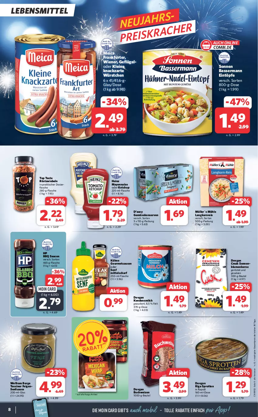 Aktueller Prospekt Combi - Prospekte - von 27.12 bis 30.12.2023 - strona 8 - produkty: beutel, blume, blumen, buch, dovgan, eintöpfe, eis, Feigen, flasche, frankfurter, Geflügel, Gemüsekonserve, heinz, HP, ketchup, kondensmilch, Konserven, korn, Kühne, Langkornreis, lebensmittel, leine, LG, mayonnaise, meica, milch, Müller, rapsöl, reis, röstzwiebeln, salz, sauce, saucen, senf, Sprotten, Ti, tisch, wiener, würstchen, Yo, ZTE, zucker, zwiebel, zwiebeln