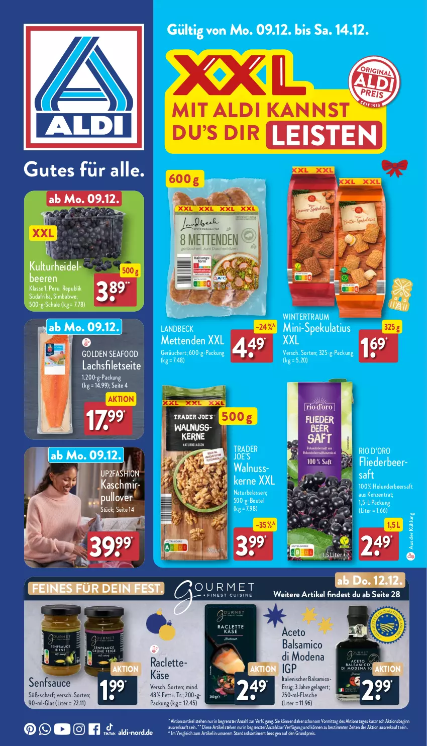 Aktueller Prospekt Aldi Nord - Von Montag - von 09.12 bis 14.12.2024 - strona 1 - produkty: aceto, aceto balsamico, aldi, balsam, balsamico, beere, beeren, beutel, eis, essig, filet, filets, flasche, flieder, gin, heidelbeere, heidelbeeren, holunder, Käse, lachs, lachsfilet, lachsfilets, Mett, metten, Mettenden, Mode, natur, nuss, Pullover, reis, saft, sauce, Schal, Schale, senf, sim, simba, Ti, up2fashion, walnuss, walnusskerne, ZTE