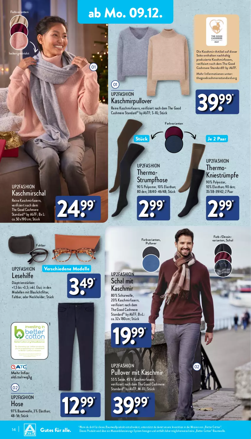 Aktueller Prospekt Aldi Nord - Von Montag - von 09.12 bis 14.12.2024 - strona 14 - produkty: aldi, Bau, baumwolle, bett, cashmere, dell, eis, elle, hose, Mode, Pullover, Ria, rum, rwe, Schal, strümpfe, Strumpfhose, Thermostrumpfhose, Ti, up2fashion, wolle