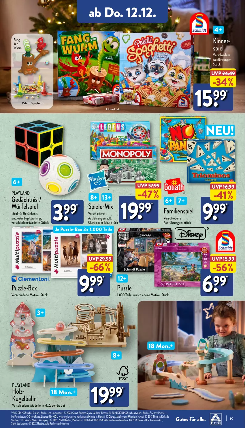 Aktueller Prospekt Aldi Nord - Von Montag - von 09.12 bis 14.12.2024 - strona 19 - produkty: dell, disney, elle, Familienspiel, Hasbro, Holz, Kinder, Kinderspiel, Kugel, Kugelbahn, Maus, Mode, Puzzle, spaghetti, Spiele, Ti, tuc, würfel