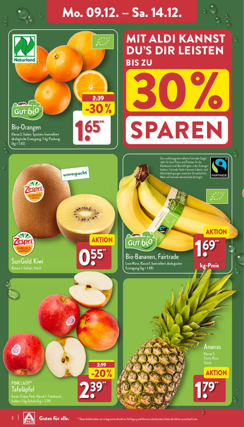 Aktueller Prospekt Aldi Nord - Von Montag - von 09.12 bis 14.12.2024 - strona 2 - produkty: aldi, ananas, auer, banane, bananen, Bau, Bauer, bio, bio-bananen, eis, kiwi, orange, orangen, Pink Lady, reis, Schal, Schale, tafeläpfel, Ti, trolli, ZTE