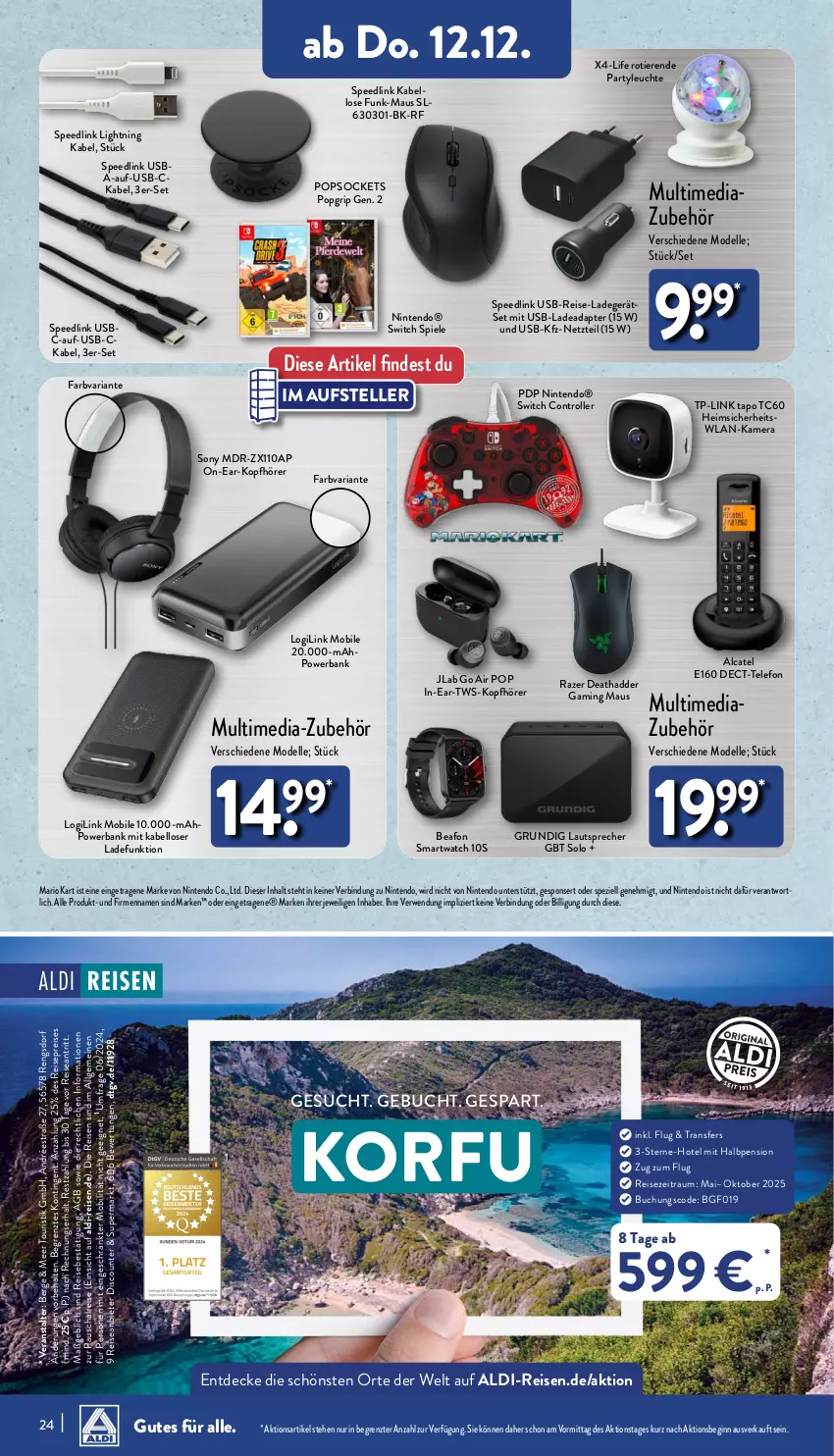 Aktueller Prospekt Aldi Nord - Von Montag - von 09.12 bis 14.12.2024 - strona 24 - produkty: adapter, aldi, Bank, buch, decke, dell, discount, eis, elle, gaming maus, gin, grundig, HP, kamera, kopfhörer, ladegerät, lautsprecher, Leuchte, LG, Maus, Mode, nintendo, PopGrip, powerbank, Razer, reis, Ria, Roller, rwe, Schal, smartwatch, sony, spee, Spezi, Spiele, telefon, teller, Ti, Tiere, TP-Link, usb, ZTE