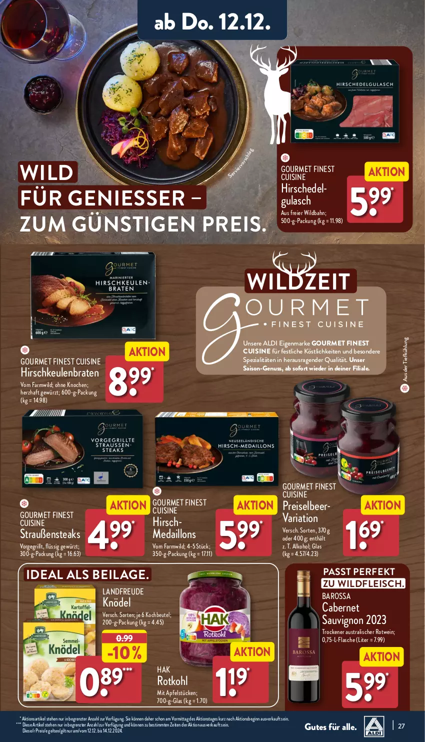 Aktueller Prospekt Aldi Nord - Von Montag - von 09.12 bis 14.12.2024 - strona 27 - produkty: aldi, alkohol, apfel, aus der tiefkühlung, aust, beutel, braten, cabernet, cabernet sauvignon, eier, eis, flasche, fleisch, gewürz, gin, grill, gulasch, Hirschedelgulasch, Hirschkeulenbraten, ilag, Knödel, kochbeutel, LG, medaillons, nuss, reis, Ria, rotkohl, rotwein, sauvignon, Spezi, steak, steaks, Ti, wein, Wild, ZTE