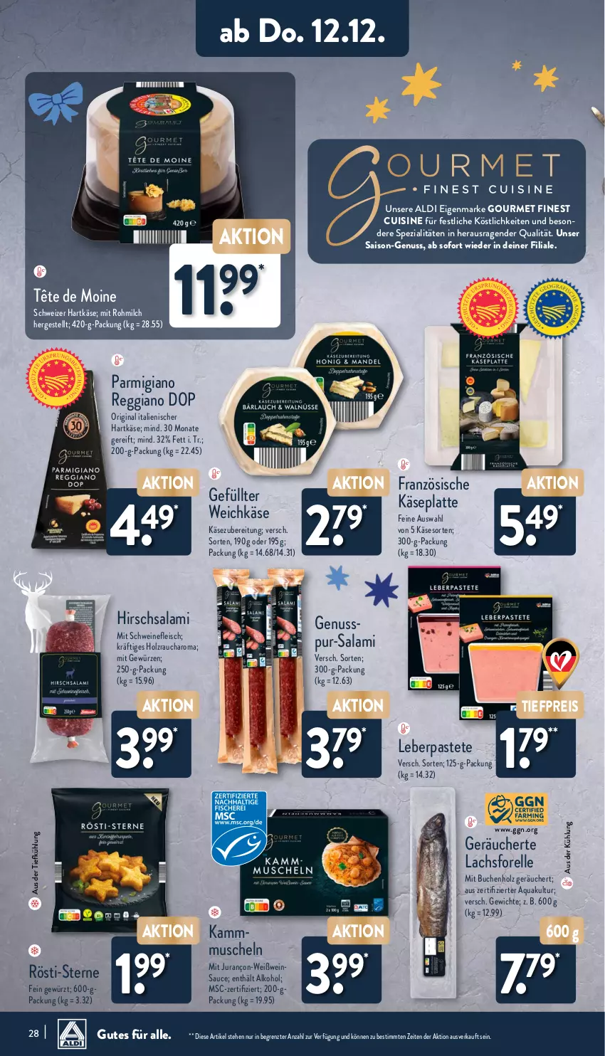 Aktueller Prospekt Aldi Nord - Von Montag - von 09.12 bis 14.12.2024 - strona 28 - produkty: aldi, alkohol, aqua, aus der tiefkühlung, buch, eis, elle, fleisch, forelle, gewürz, gin, hartkäse, Holz, italienischer hartkäse, Jura, Käse, lachs, latte, milch, Muscheln, nuss, parmigiano, parmigiano reggiano, pastete, Rauch, reggiano, reis, rel, salami, sauce, schwein, schweine, schweinefleisch, schweizer hartkäse, Spezi, Tête de Moine, Ti, tiefpreis, weichkäse, wein, weine, Weißwein, ZTE