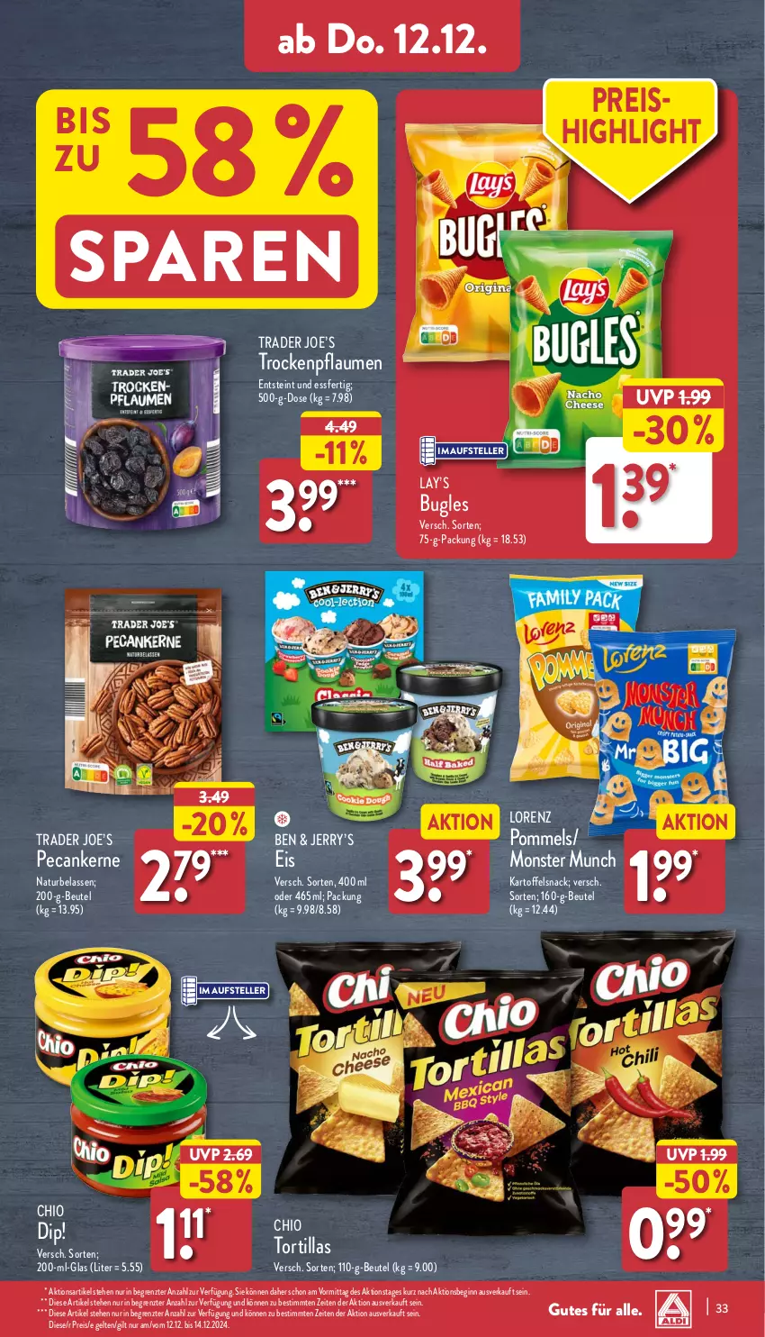 Aktueller Prospekt Aldi Nord - Von Montag - von 09.12 bis 14.12.2024 - strona 33 - produkty: beutel, bugles, dip, eis, elle, gin, kartoffel, lorenz, monster, natur, pflaume, pflaumen, Pommels, reis, snack, teller, Ti, tortilla, tortillas, ZTE