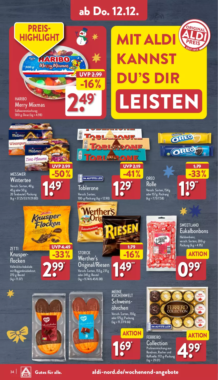 Aktueller Prospekt Aldi Nord - Von Montag - von 09.12 bis 14.12.2024 - strona 34 - produkty: aldi, angebot, angebote, beutel, bonbons, brot, eis, elle, ferrero, gin, haribo, knäckebrot, Knusperflocken, kuchen, milch, oreo, pralinen, raffaello, reis, schoko, schokolade, schwein, storck, Sweetland, tee, Teebeutel, teller, Ti, toblerone, vollmilch, wein, xmas