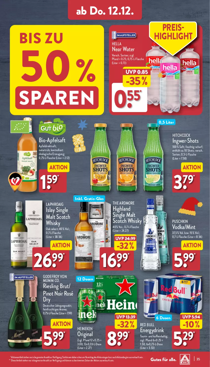 Aktueller Prospekt Aldi Nord - Von Montag - von 09.12 bis 14.12.2024 - strona 35 - produkty: apfel, Apfeldirektsaft, apfelsaft, bio, brut, direktsaft, drink, eis, elle, flasche, frucht, gin, heineken, hella, ingwer, islay single malt, jahrgangssekt, laphroaig, mint, mumm, natur, Pinot, pinot noir, red bull, reis, riesling, saft, scotch, scotch whisky, sekt, single malt, teller, Ti, trolli, vodka, whisky, ZTE