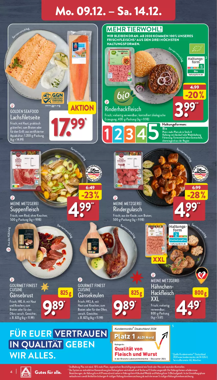 Aktueller Prospekt Aldi Nord - Von Montag - von 09.12 bis 14.12.2024 - strona 4 - produkty: aldi, aqua, bio, braten, discount, eis, elle, ente, filet, filets, fleisch, Gänsebrust, Gänsekeulen, grill, gulasch, hackfleisch, Heu, lachs, lachsfilet, lachsfilets, lebensmittel, monitor, Ofen, Ria, rind, rinder, rindergulasch, rinderhackfleisch, rwe, suppe, suppen, suppenfleisch, Ti, tisch, trolli, wurst