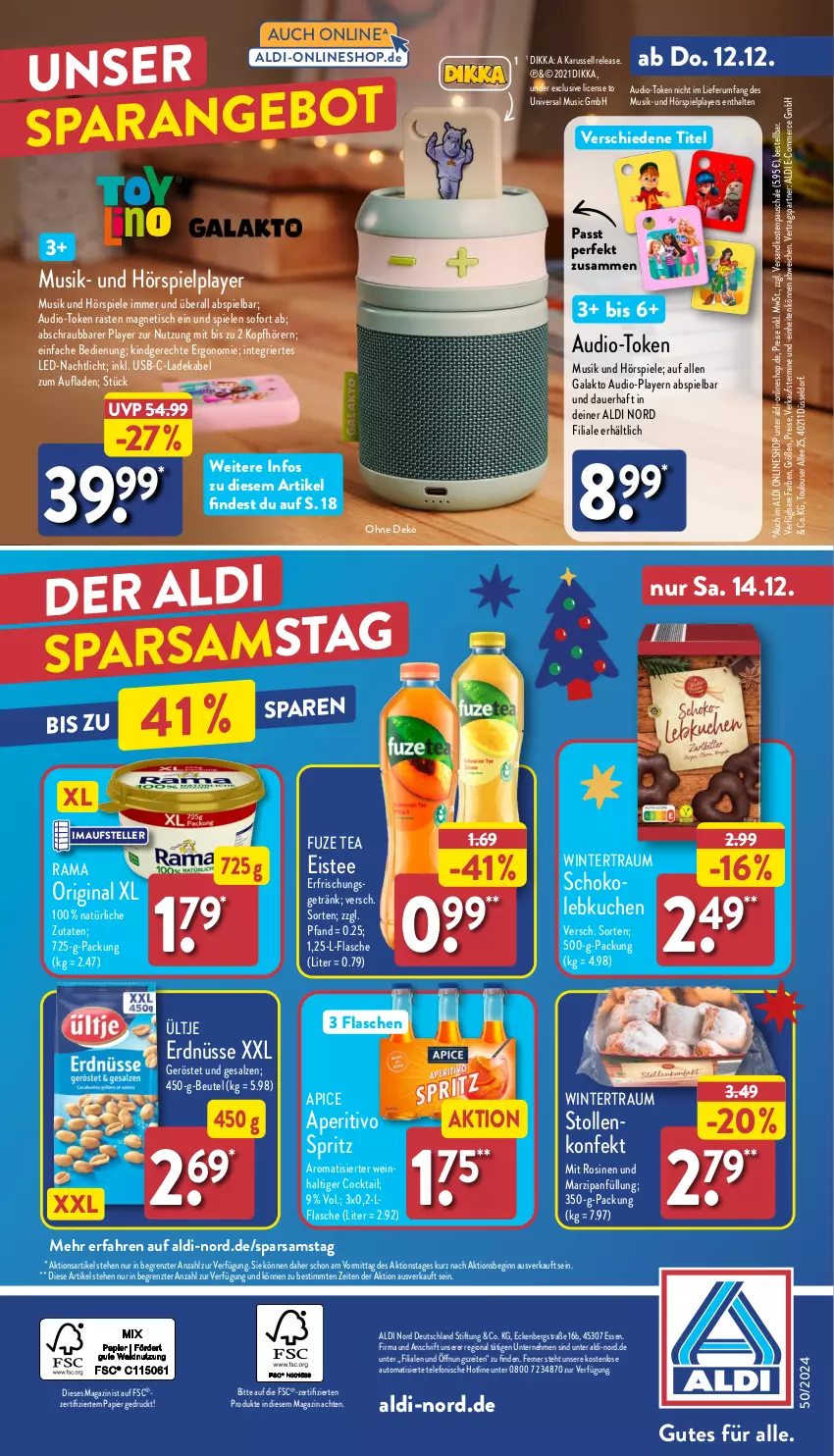 Aktueller Prospekt Aldi Nord - Von Montag - von 09.12 bis 14.12.2024 - strona 40 - produkty: aldi, auer, auto, beutel, cocktail, deka, eis, eistee, elle, erdnüsse, erfrischungsgetränk, flasche, fuze tea, getränk, gin, kopfhörer, kuchen, ladekabel, Lebkuchen, mab, magazin, marzipan, Marzipanfüllung, Nachtlicht, ndk, papier, rama, reis, rel, rum, salz, Schal, Schale, schoko, Spiele, Stollen, tee, telefon, teller, Ti, tisch, ültje, ültje erdnüsse, usb, wein, ZTE