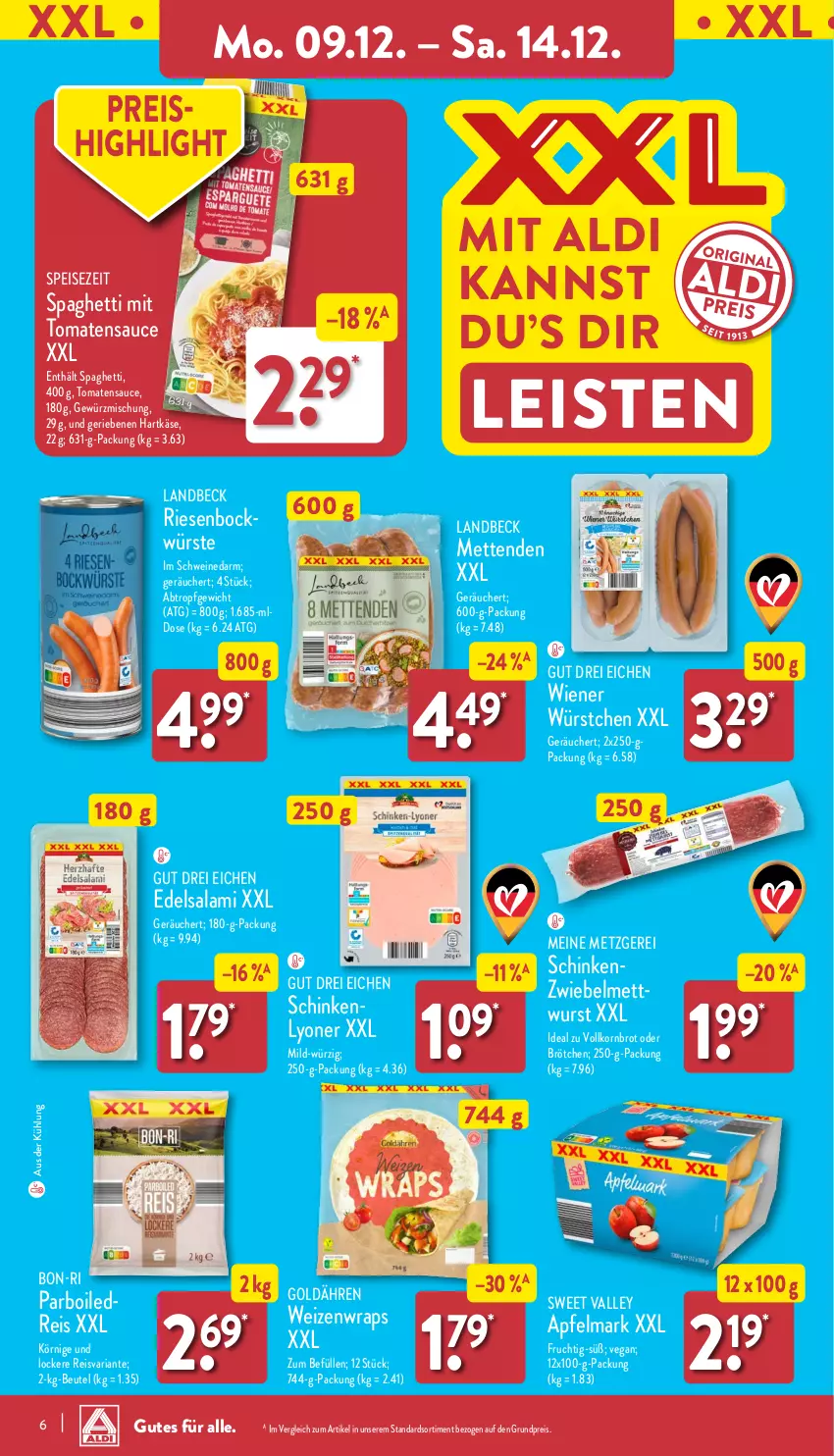 Aktueller Prospekt Aldi Nord - Von Montag - von 09.12 bis 14.12.2024 - strona 6 - produkty: aldi, apfel, beutel, brot, brötchen, Edelsalami, eis, frucht, gewürz, Gewürzmischung, hartkäse, Käse, korn, Kornbrot, lyoner, Mett, metten, Mettenden, reis, Ria, salami, sauce, schinken, schwein, schweine, spaghetti, Ti, tomate, tomaten, tomatensauce, vollkornbrot, wein, weine, wiener, wiener würstchen, wrap, wraps, wurst, würstchen, Yo, zwiebel