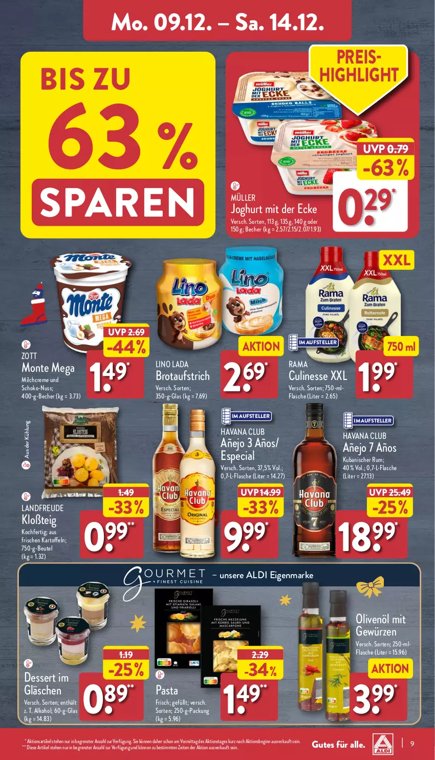 Aktueller Prospekt Aldi Nord - Von Montag - von 09.12 bis 14.12.2024 - strona 9 - produkty: aldi, alkohol, aufstrich, Becher, beutel, brot, brotaufstrich, creme, culinesse, dessert, eis, elle, flasche, gewürz, gin, Havana Club, joghur, joghurt, joghurt mit der ecke, kartoffel, kartoffeln, milch, monte, Müller, nuss, olive, oliven, olivenöl, pasta, rama, Rama Culinesse, reis, rum, schoko, teller, Ti, zott, Zott Monte, ZTE