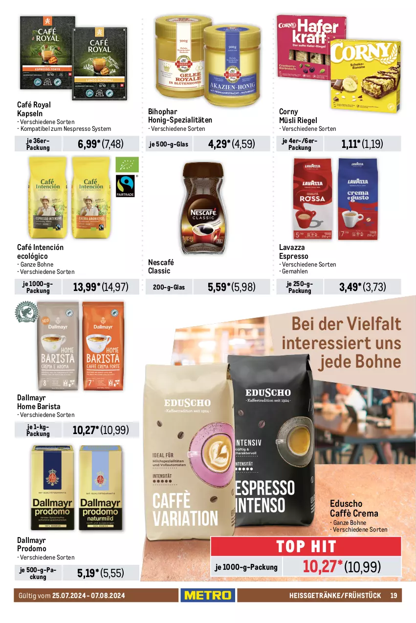 Aktueller Prospekt Metro - Food-NonFood - von 25.07 bis 07.08.2024 - strona 19 - produkty: beutel, bihophar, bohne, café royal, caffè crema, chips, corny, cracker, crunchips, dallmayr, dallmayr prodomo, eduscho, eis, espresso, getränk, getränke, haribo, honig, lavazza, leibniz, lorenz, lorenz crunchips, mentos, merci, Metro, müsli, Nescafé, nespresso, prodomo, riegel, salz, Spezi, Ti, tuc, zucker