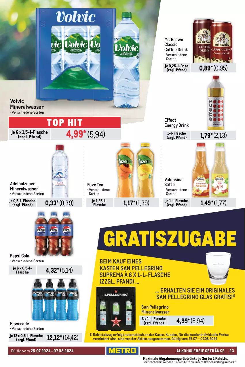 Aktueller Prospekt Metro - Food-NonFood - von 25.07 bis 07.08.2024 - strona 23 - produkty: adelholzener, alkohol, alkoholfreie getränke, Alwa, auto, bier, cola, corona, corona extra, drink, Effect, eis, elle, energy drink, flasche, franziskaner, fuze tea, getränk, getränke, gin, gösser, Holz, LG, mineralwasser, natur, Palette, pepsi, Pepsi Cola, pils, premium pils, radler, reis, säfte, san pellegrino, steiner, Ti, tisch, tyskie, valensina, volvic, warsteiner, wasser, weissbier