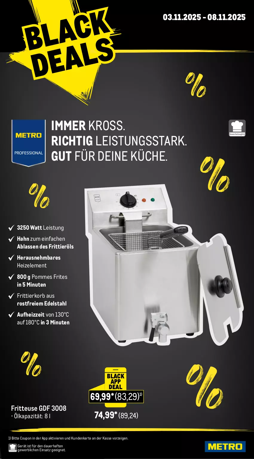Aktueller Prospekt Metro - Wochen-Angebote Gastro - von 03.11 bis 08.11.2025 - strona 11 - produkty: auer, coupon, edelstahl, eis, fritteuse, Frittierkorb, Frittieröl, korb, küche, lack, pommes, Pommes Frites, Ti