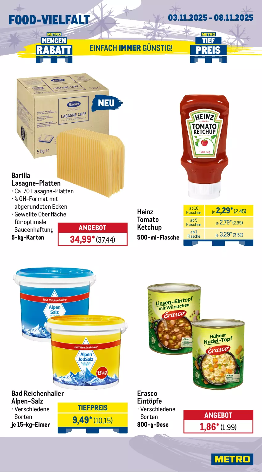 Aktueller Prospekt Metro - Wochen-Angebote Gastro - von 03.11 bis 08.11.2025 - strona 15 - produkty: angebot, Bad, barilla, eimer, eintöpfe, eis, erasco, flasche, heinz, ketchup, lasagne, latte, reis, salz, sauce, saucen, Ti, tiefpreis, tomato ketchup