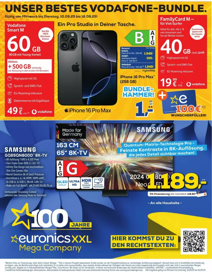 Aktueller Prospekt Euronics - Prospekte - von 10.09 bis 16.09.2025 - strona 1 - produkty: ente, euronics xxl, Germ, HDMI, iphone, Samsung, spee, Surf, Tasche, Ti, usb, vodafone