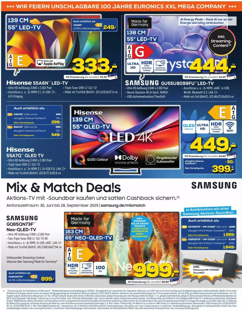 Aktueller Prospekt Euronics - Prospekte - von 10.09 bis 16.09.2025 - strona 2 - produkty: dvb, eier, eis, euronics xxl, Germ, HDMI, hisense, led tv, Mode, qled, qled-tv, Rauch, reis, Samsung, soundbar, Ti, tisch, tuner, usb, vorteilspreis