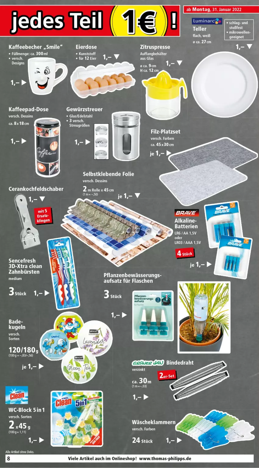 Aktueller Prospekt Thomas Philipps - Prospektwerbung - von 31.01 bis 05.02.2022 - strona 8 - produkty: Bad, batterie, batterien, Becher, Behälter, bett, Draht, edelstahl, eier, eis, flasche, kaffee, kaffeebecher, Klammern, kochfeld, Kugel, lamm, pflanze, pflanzen, rel, Ti, Zitruspresse