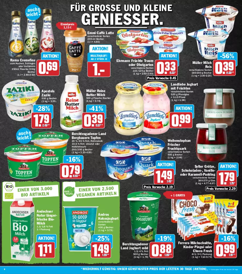 Aktueller Prospekt Hit - Prospekte - von 18.07 bis 23.07.2022 - strona 8 - produkty: andechser natur, apostels, auer, Bau, Bauer, Becher, bio, butter, caffè latte, choco fresh, creme, ehrmann, eis, emmi, ferrero, flasche, frucht, früchte, früchten, Fruchtquark, Garten, grütze, joghur, joghurt, joghurt mild, karamell, Kinder, kinder pingui, kokos, landliebe, landliebe joghurt, latte, leine, milch, Milchschnitte, Müller, natur, obst, obstgarten, pingui, pudding, quark, rama, rama cremefine, reis, schoko, schokolade, schokoladen, Sylter, Ti, topf, Topfen, vanille, weihenstephan, zaziki, ZTE