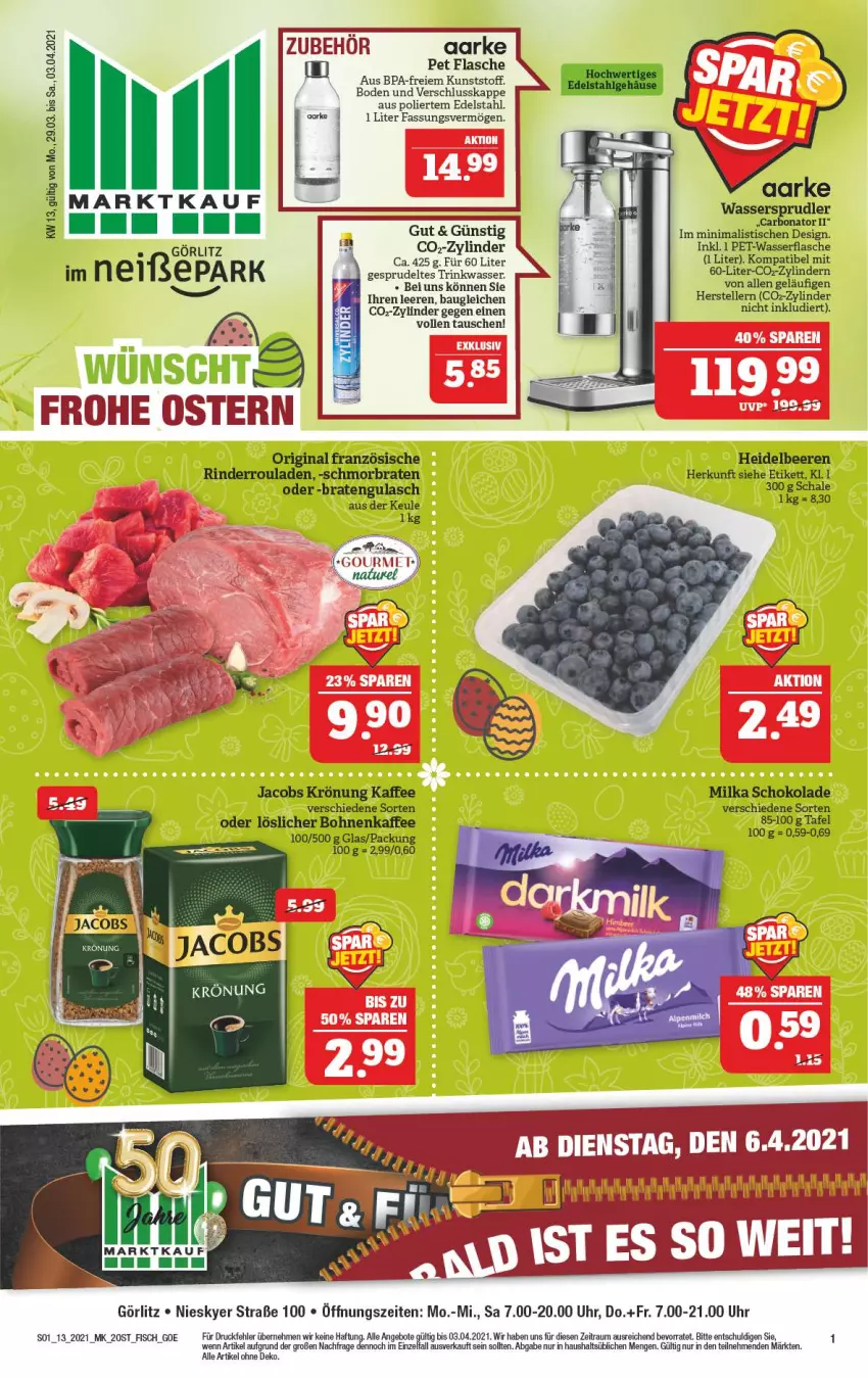 Aktueller Prospekt Marktkauf - Prospekt - von 28.03 bis 03.04.2021 - strona 1 - produkty: angebot, angebote, Bau, beere, beeren, bohne, bohnen, bohnenkaffee, Bona, braten, edelstahl, elle, fisch, flasche, gin, gulasch, heidelbeere, heidelbeeren, jacobs, jacobs krönung, kaffee, löslicher bohnenkaffee, milka, milka schokolade, rel, rind, rinder, Rinderroulade, rinderrouladen, rouladen, Schal, Schale, schmorbraten, schoko, schokolade, Sprudel, teller, Ti, tisch, uhr, wasser, wassersprudler