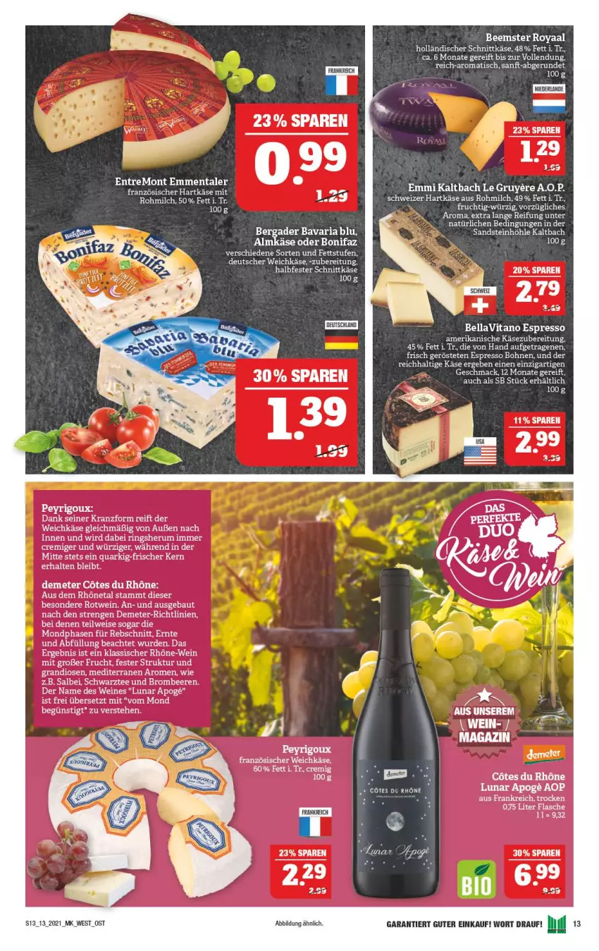 Aktueller Prospekt Marktkauf - Prospekt - von 28.03 bis 03.04.2021 - strona 13 - produkty: almkäse, Bau, bavaria blu, Beemster, beere, beeren, bergader, bohne, bohnen, brombeere, brombeeren, deutscher weichkäse, eis, elle, emmentaler, emmi, espresso, flasche, frucht, halbfester schnittkäse, hartkäse, holländischer schnittkäse, Käse, Kranz, mac, magazin, milch, quark, Quarki, Ria, ring, rotwein, rum, schnittkäse, tee, Ti, tisch, uhr, vita, weichkäse, wein, weine, ZTE