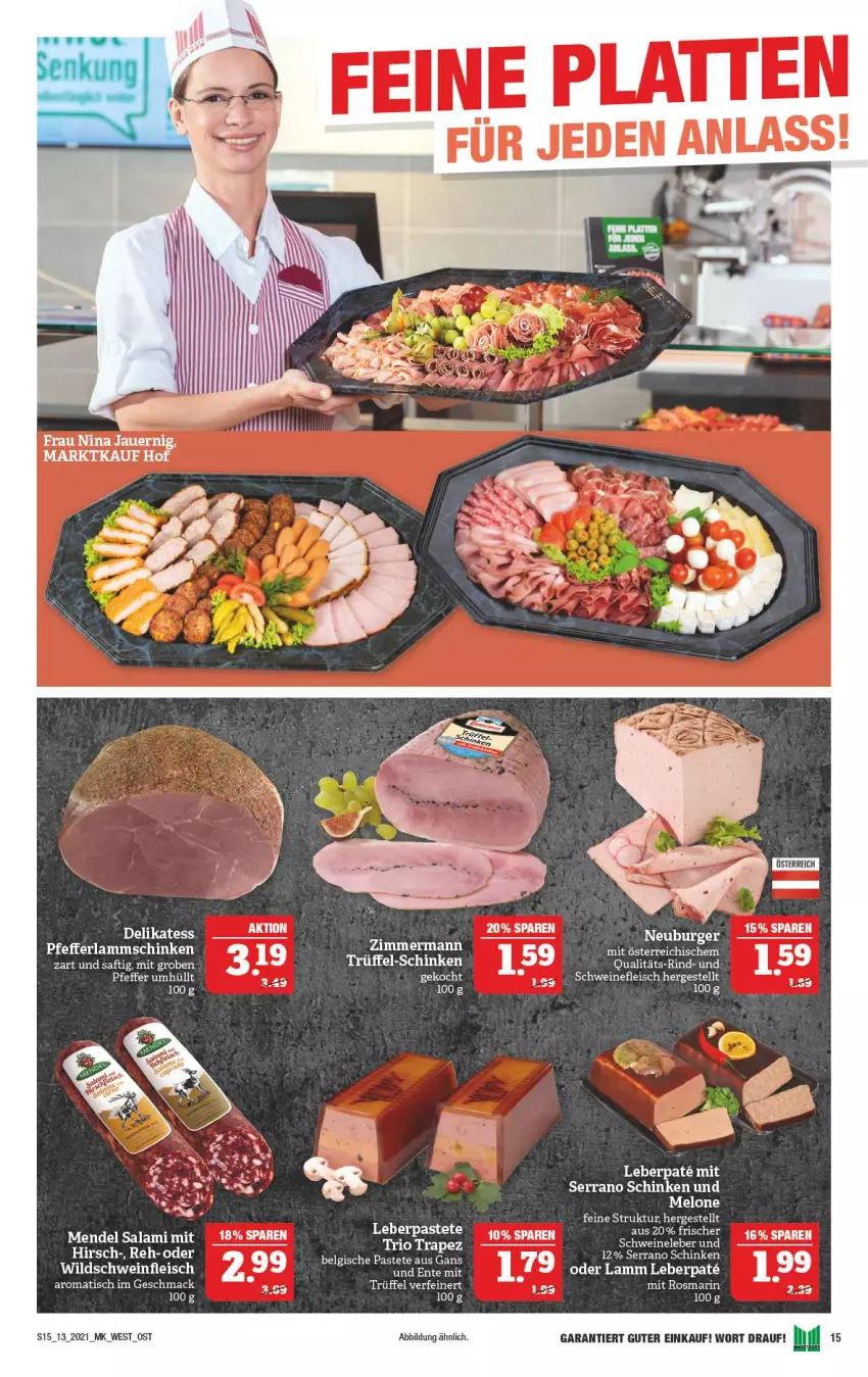 Aktueller Prospekt Marktkauf - Prospekt - von 28.03 bis 03.04.2021 - strona 15 - produkty: auer, burger, ente, lamm, latte, LG, mac, Neuburger, pastete, pfeffer, rind, rosmarin, saft, salami, schinken, serrano, serrano schinken, Ti, tisch, Trüffel